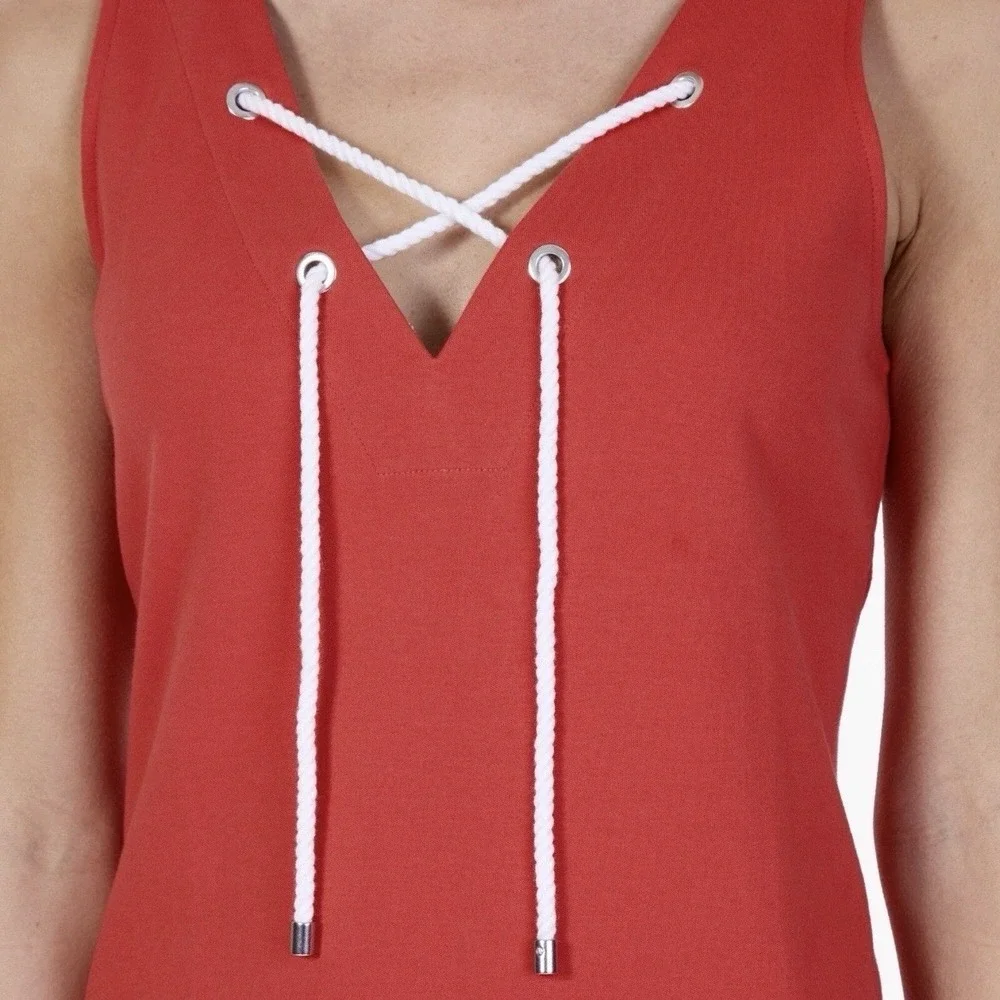 Nautica Women's Size Medium Coral Tie V-Neck 100% Cotton Shift Mini Dress NWOT